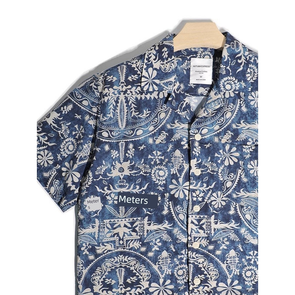 Ami Kaji เสื้อเชิ้ตแขนสั้นลายดอกไม้คอปกคิวบาสําหรับผู้ชายฤดูร้อนบางทรงปล่อยลําลองเสื้อฮาวายชายหาดgt0