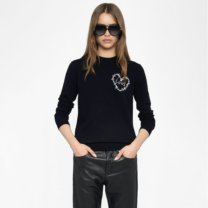 JLNE Zadig&Voltaire 25New autumn and winter heart-shaped handmade wool embroidery100Cashmere Knit Sw