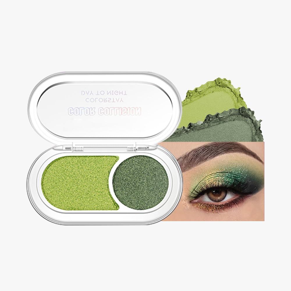 Mini Green Shimmer Eyeshadow Duo – Lime Glow & Forest Moss Metallic Eye Shadow Palette, High Pigment
