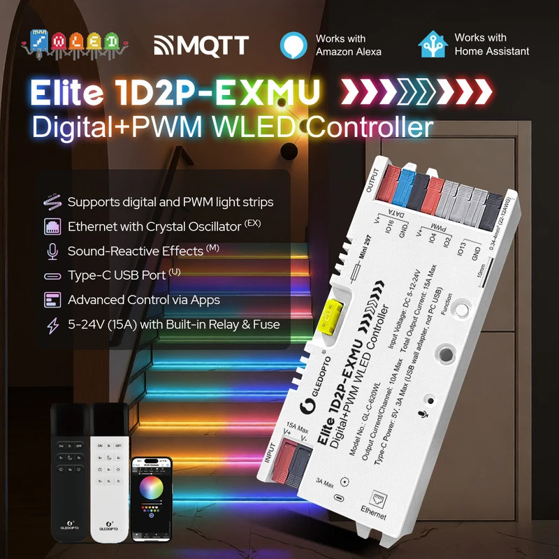 GLEDOPTO Elite 1D2P-EXMU Digital + PWM WLED Controller รองรับ 5-24V 15A รีเลย์และฟิวส์ในตัว Ethernet