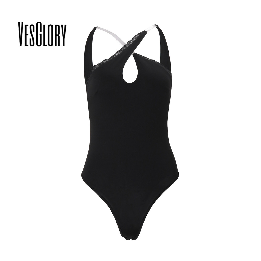 VesGlory บอดี้สูทแขนกุดเอวสูงสีทึบ สไตล์ Y2K เหมาะสำหรับ college look