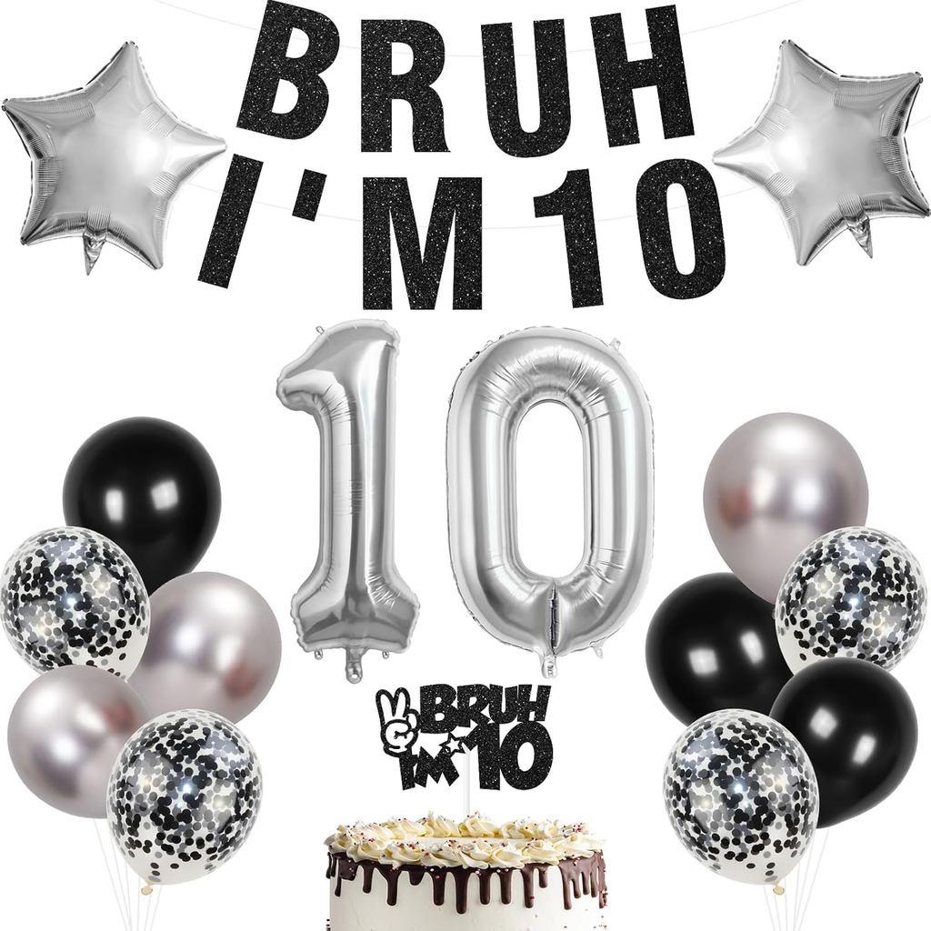 10th ตกแต่งวันเกิดสําหรับชาย,สีดํา Glitter แบนเนอร์และเค้ก Topper, 32 นิ้วเงินจํานวนบอลลูน 1 และ 0, 