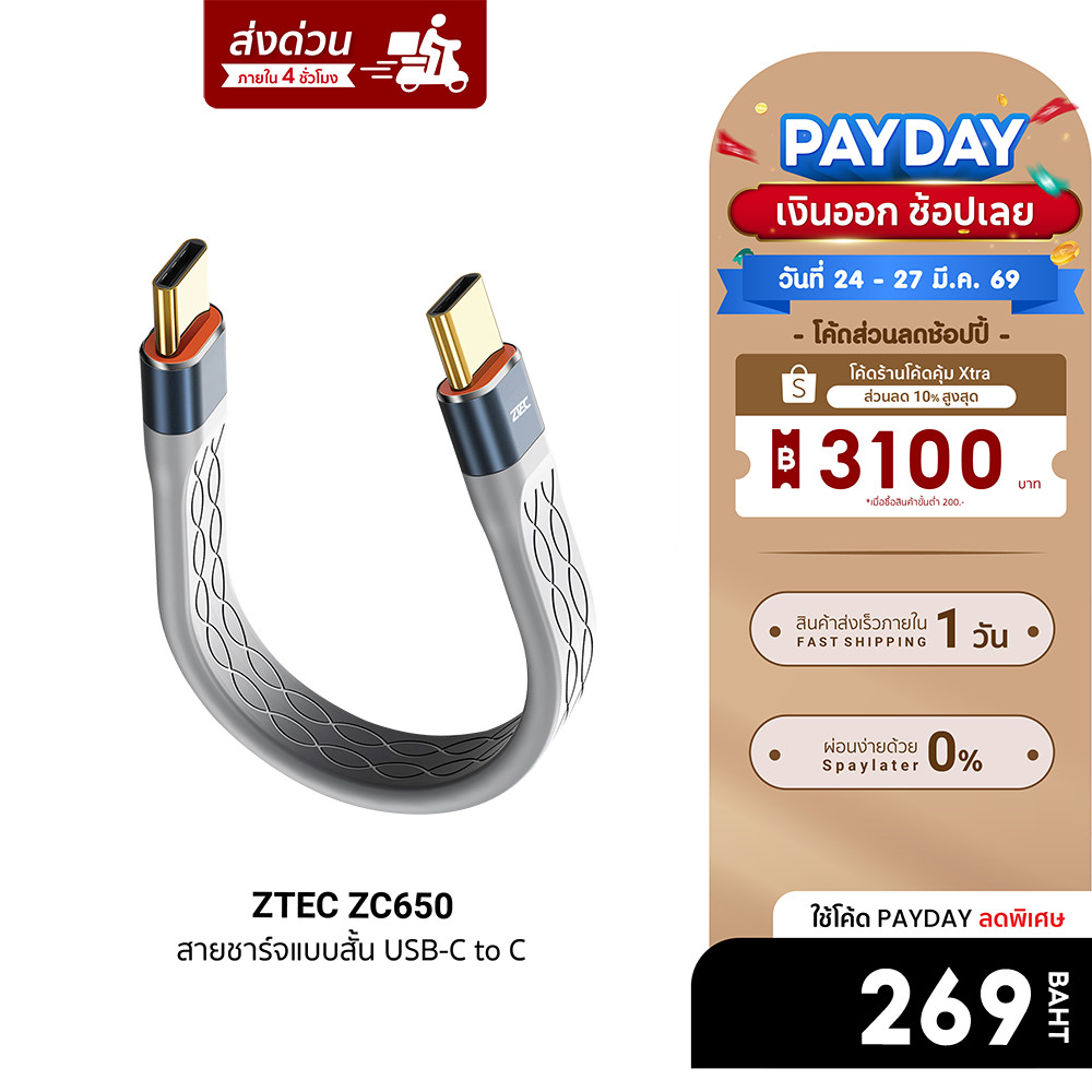 [ลดเหลือ 269] ZTEC ZC650 สายชาร์จแบบสั้น USB-C to USB-C Thunder 4/3 , USB 4 เชื่อมต่อภาพ 8K -24M
