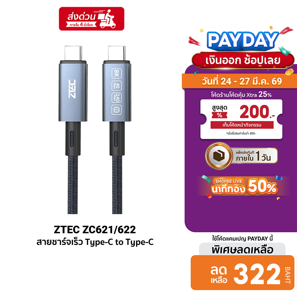[ลดเหลือ 322] ZTEC ZC621 / ZC622 สายชาร์จไนลอนถัก 240W USB-C to USB-C Thunder 4/3,USB 4 รองรับการเชื