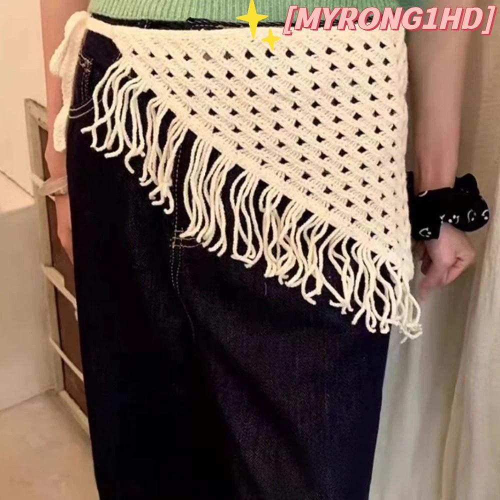 MYRONG1HD Hollow-Out Mini กระโปรง, Y2K Streetwear ปรับผ้าพันคอสามเหลี่ยม, Spring Season Fringe Trim 