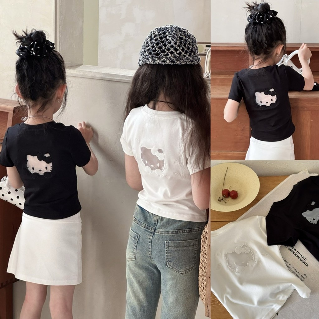 PRETTY BABY เสื้อยืดเด็ก เสื้อยืดคอกลม ด้านหลังแต่งผ้าซีทรู ลายการ์ตูน (2091)
