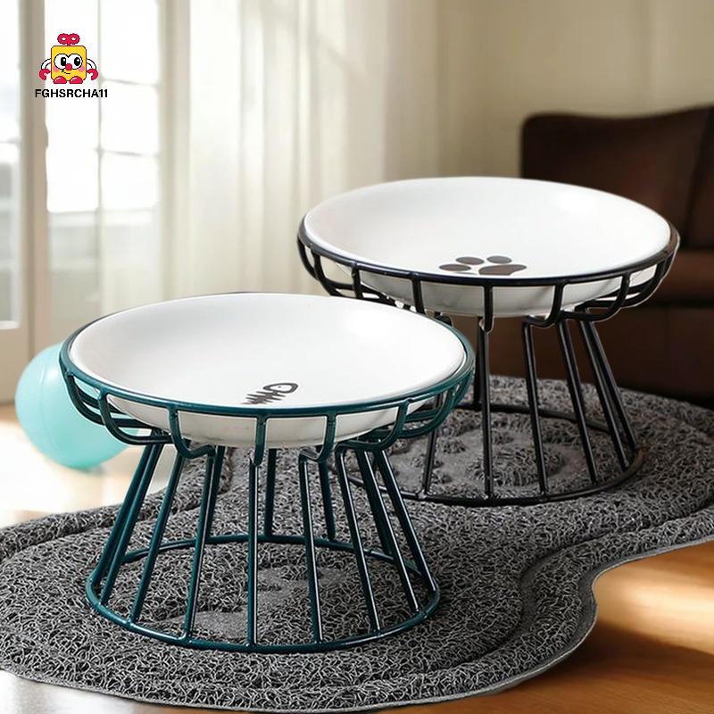 FG เซรามิคยกชามสัตว์เลี้ยงอาหารน้ําขนมสําหรับแมวและสุนัข Cat Stand ชามสุนัขอุปกรณ์กลางแจ้ง Feeding อุปกรณ์ดื่ม HS