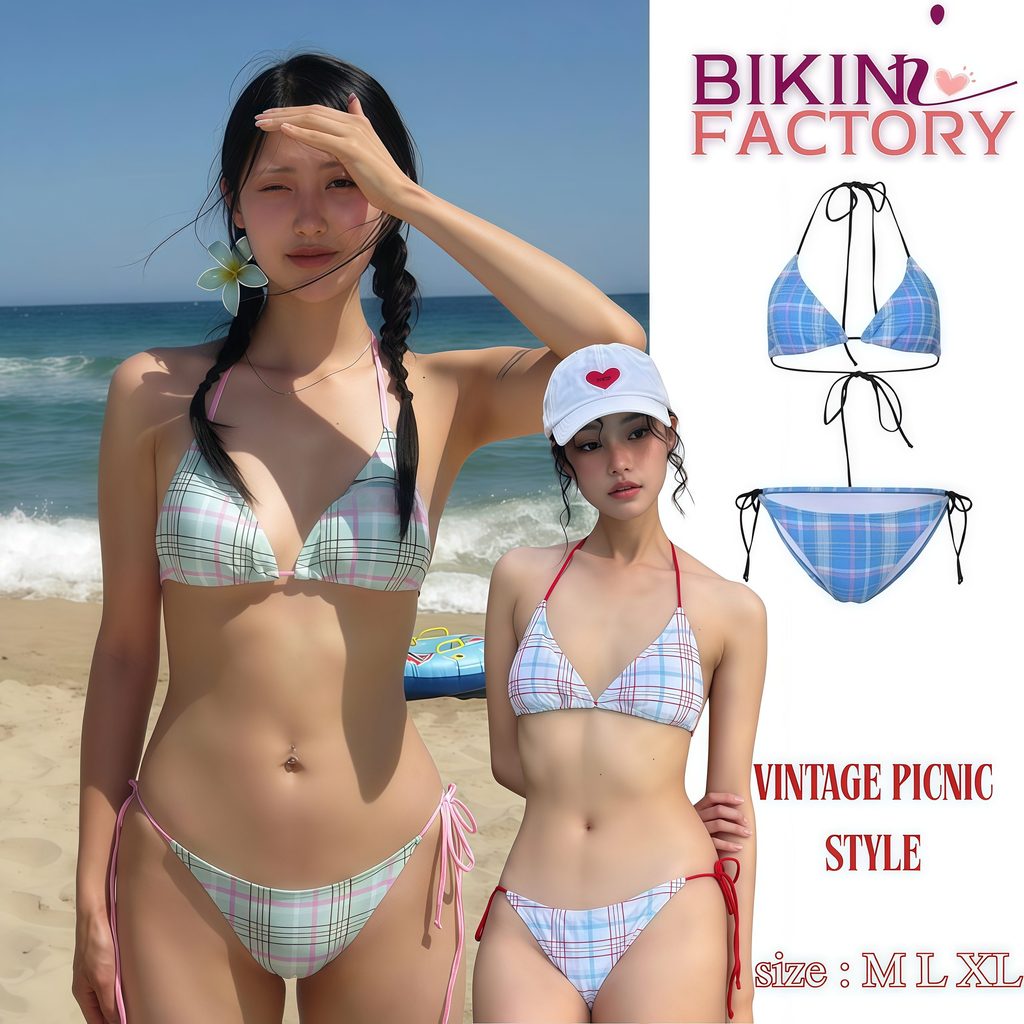 BIKINI FACTORY ชุดว่ายน้ำผู้หญิง ลายสก็อต เซ็กซี่ บิกินี่ผูกข้าง พร้อมส่ง มีไซส์ M-XL | น้ำหนัก 40-65 กก.Y212