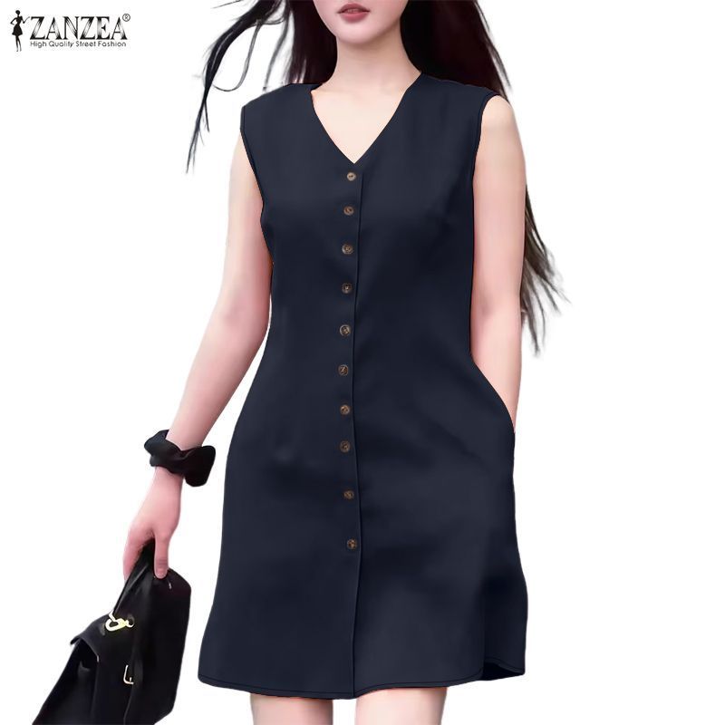 ZANZEA เดรสแขนกุดติดกระดุมสีทึบสไตล์เกาหลี