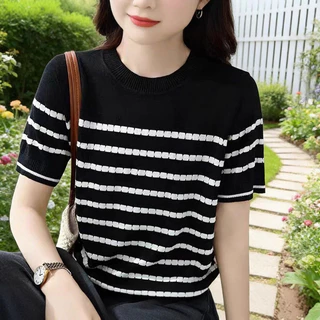 เสื้อไหมพรมผู้หญิง ลายขวาง แขนสั้น ทรงครอป เสื้อแฟชั่นเกาหลี ใส่สบาย ผ้านุ่ม ไม่ร้อน