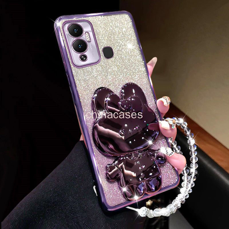 ปลอก infinix Hot 12 Play NFC X6816C X6816 X6816D เคสโทรศัพท์พร้อมขายึดกระจกกระต่ายและเชือกเส้นเล็กคร
