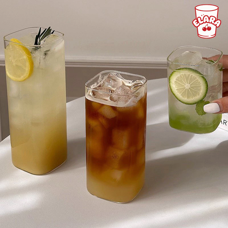 แก้วน้ำใสทรงเหลี่ยมมุมมน สไตล์มินิมอล แก้วกาแฟ/น้ำผลไม้ ดีไซน์เก๋ สำหรับคาเฟ่ ถ่ายรูปสวย 270ml / 400ml / 500ml / 590ml