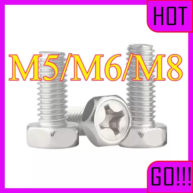 น็อต สกรู หัวหกเหลี่ยม ฝังแฉก  เกลียวมิล หยาบ / Indented Hexagon Machine Screw CROSS groove  สแตนเลส