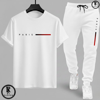 Kit Conjunto Camiseta e Calça moletom Moda masculina camiseta casual Paris Malha Algodão + calça Moletom Com bolso aRT