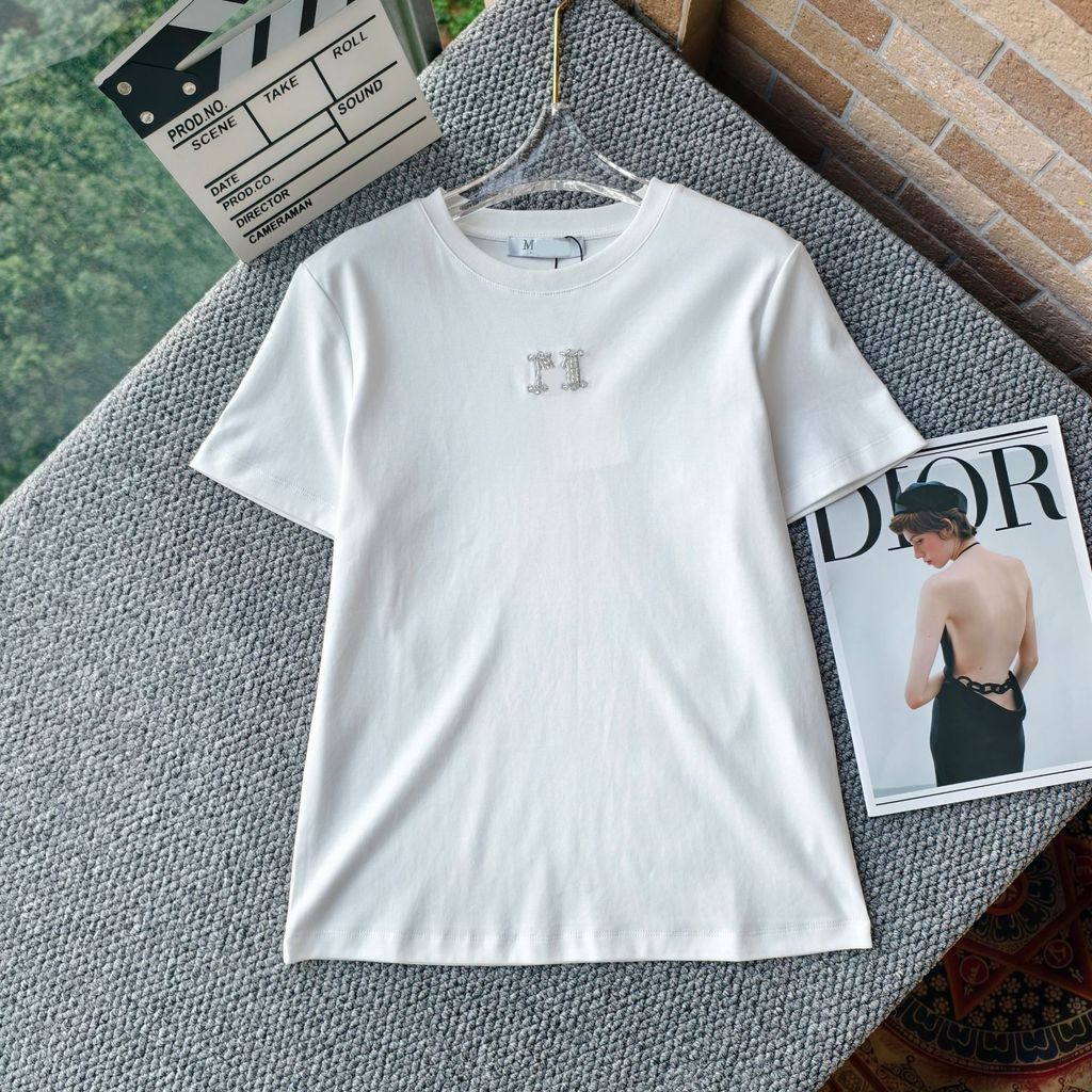L2RY MaxMar* Early Spring Summer New High-end Letter Design logo Hotfix Rhinestone Beaded Short Slee