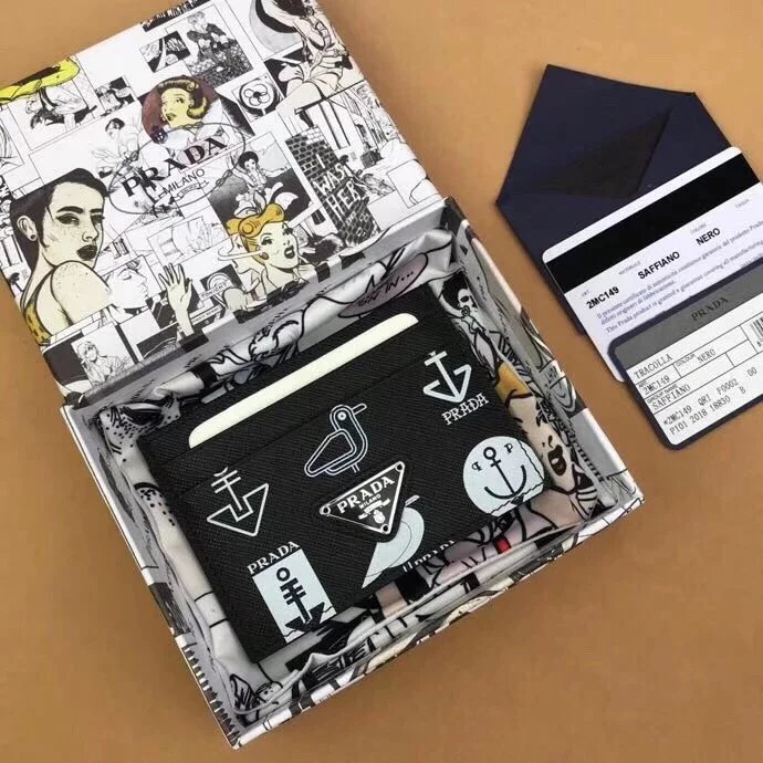 PRADA Thin Cross Grain Cowhide Seagull Pattern Printing Card Holder Printing Saffiano Card Holder