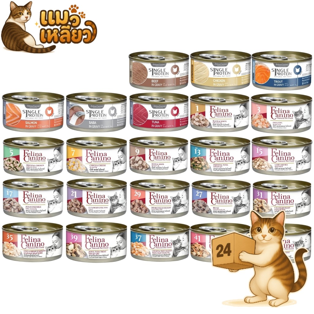 ( ยกลัง 24 กระป๋อง ) Felina Canino Single Protein เปียกแมว เนื้อเน้นๆ ไม่เติมเกลือ เหมาะกับอายุ 2 M+
