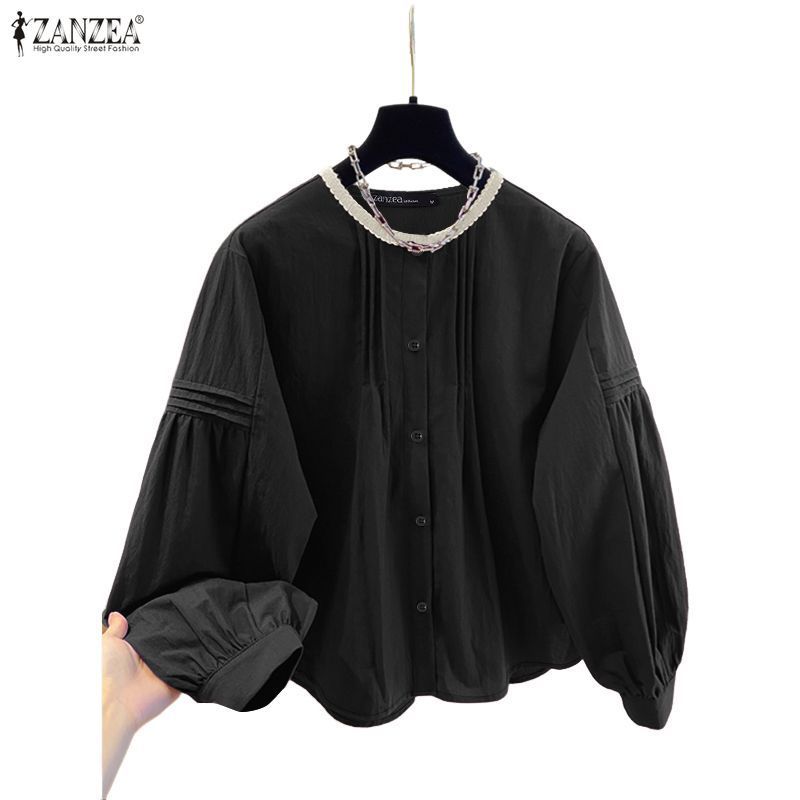 ZANZEA ใส่ ซานเซีย ผู้หญิงเกาหลี สตรีทแวร์ สไตล์ลูกเรือคอโคมไฟแขนปกคมชัดปุ่มขึ้นเสื้อหลวม