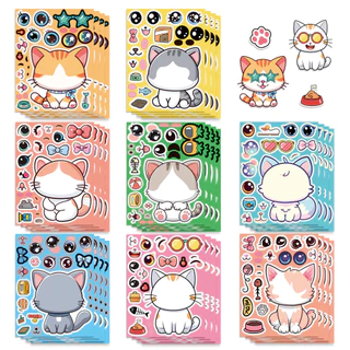 8ชิ้นแมวใบหน้าเปลี่ยนสติกเกอร์เด็ก ทําเอง ตรัสรู้ปริศนาของเล่นสติกเกอร์
