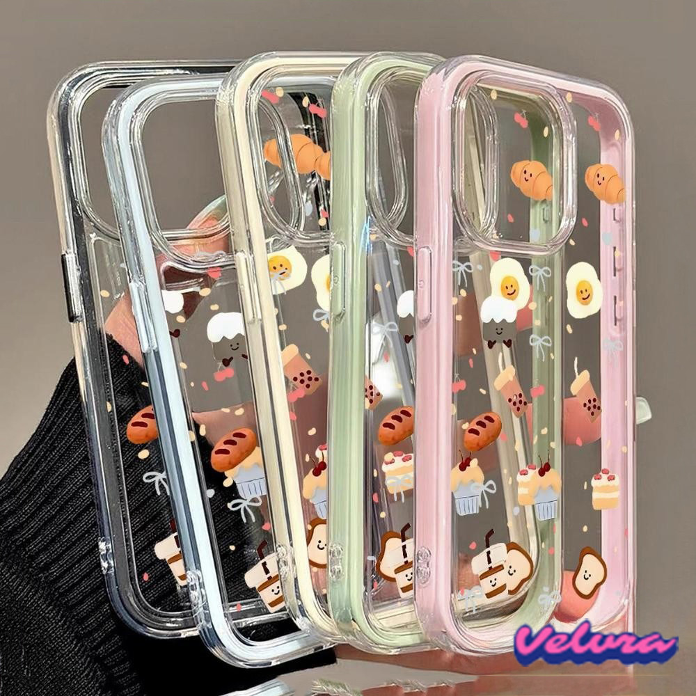 นิ่ม 2in1 สีแคนดี้ เข้ากันได้สำหรับ เคสไอโฟน11 เคส สำหรับ iphone 16 Pro Max 7Plus XR 12 13 14 15 เค้กขนมปังน่ารัก