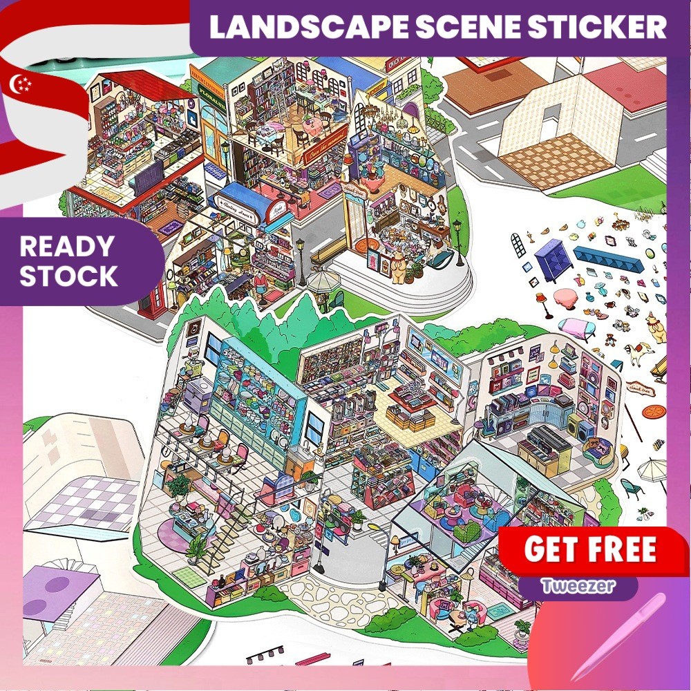 [KW] Playful Town Adventures Landscape Sticker 3D Scene Sticker for Journaling, สมุดภาพ, บรรเทาความเ