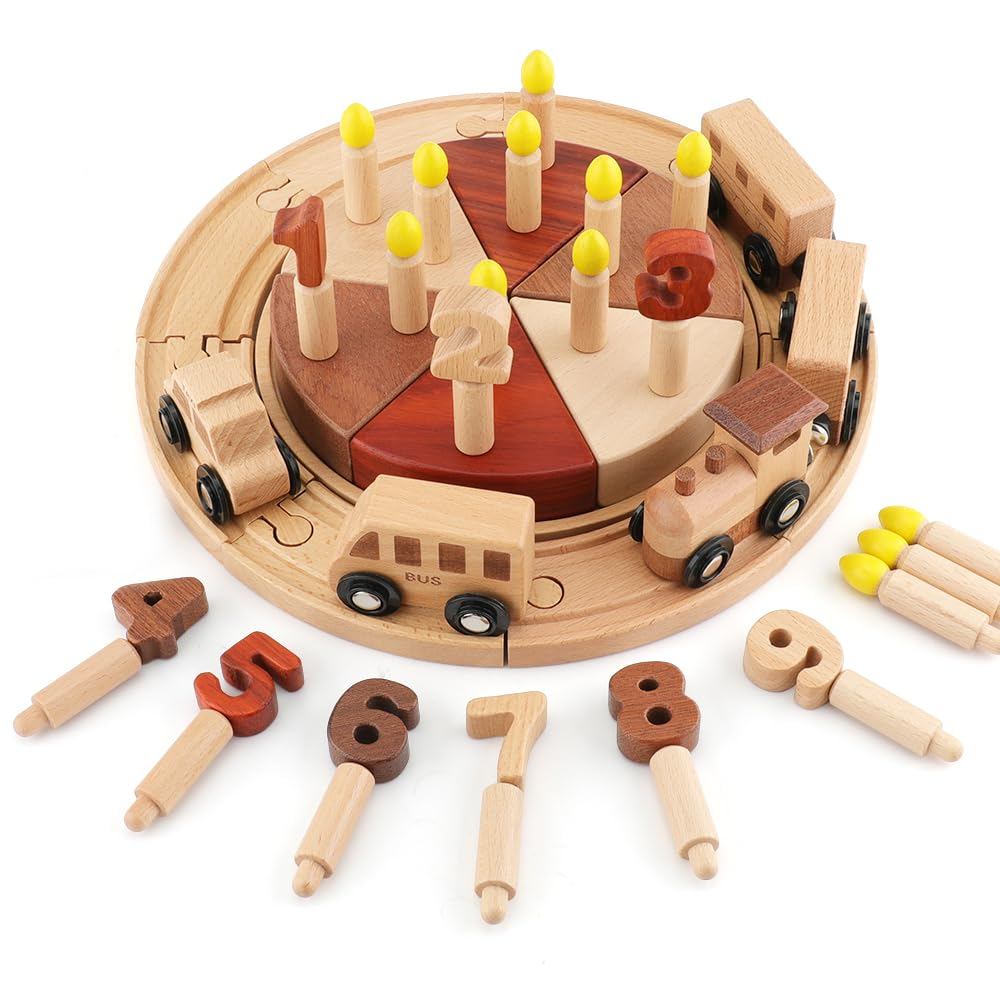 FlyCreat Building Blocks Rail Block Stacking Toy - 52pcs Assembly Wooden Toy Montessori Toy Car Cake