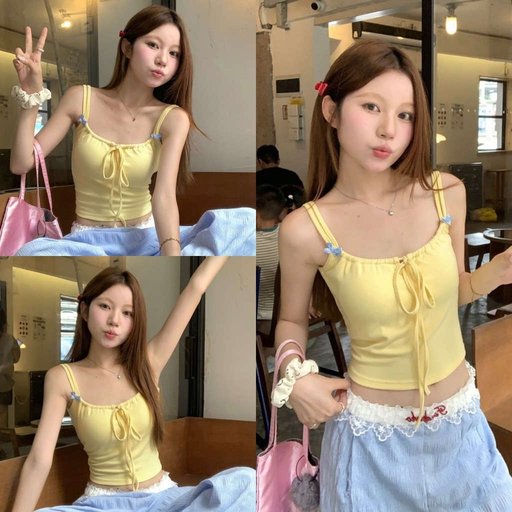 🍓Evelyn🍓เสื้อครอป สายสะพายไหล่คู่ ผูกโบว์ มีฟองน้ำ เข้ารูป เสื้อแขนกุด สไตล์เกาหลี แฟชั่น เสื้อผ้าผู้หญิง