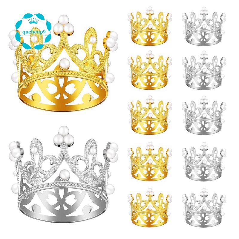 [Fast Q9]Mini Crown Birthday Cake Topper Gold Silver with Pearl Decor Small Princess Headpiece Baby 