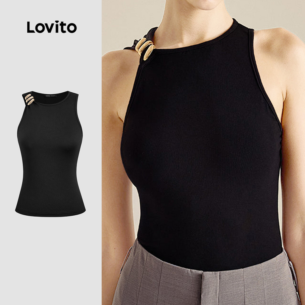 (สง่างาม) Lovito เสื้อลําลองผู้หญิงสีดําทรงอสมมาตร ติดกระดุมด้านหน้าสําหรับฤดูใบไม้ผลิ/ฤดูร้อน L178ED334