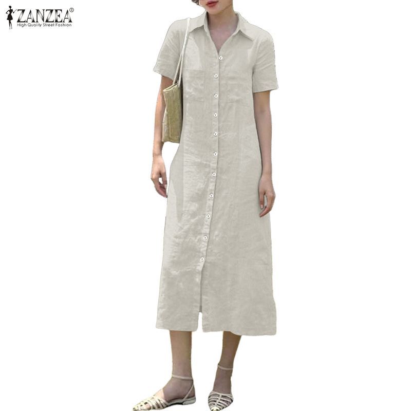 ZANZEA กระโปรงเชิ๊ตสำหรับผู้หญิง สไตล์เกาหลี คอปกพับลง แขนสั้น เหมาะสำหรับการเดินทางและการแต่งตัวในวันทำงานและวันหยุด — صورة 6