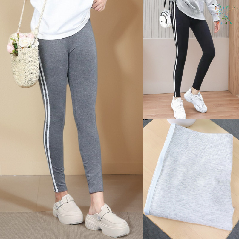 HMB® กางเกงเลกกิ้งขายาว กางเกงเลกกิ้งผู้หญิง แต่งแถบ2ข้าง ผ้าทอ คอตตอนผสมสเปนเด็กซ์ เนื้อผ้านิ่ม p89