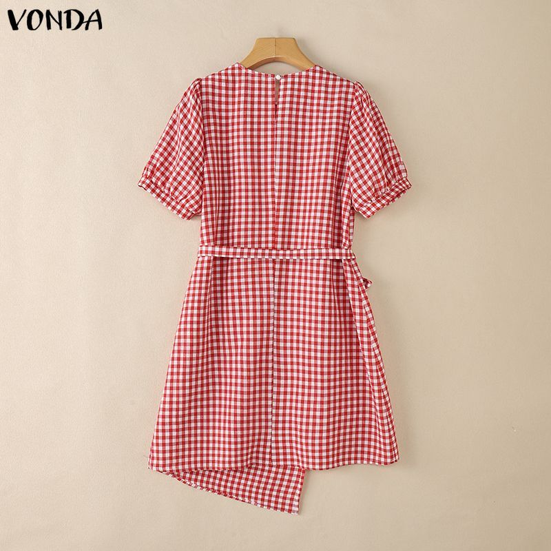 VONDA ชุดเดรสสไตล์ GIRLISH RETRO สำหรับผู้หญิง ดีไซน์ลูกเรือ คอพัฟ แขนทีไวน์ ลายสก๊อตแบบ A-LINE — صورة 8