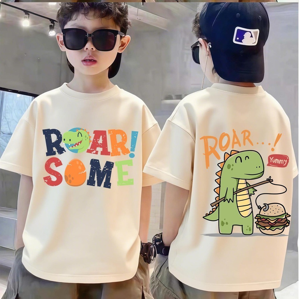 【จัดส่งภายใน 24 ชั่วโมง】 เสื้อยืดเด็ก / ลายไดโนเสาร์คำราม / ผ้าฝ้าย 100% / ขนาดเหมาะสำหรับเด็กอายุ 1-12 ปี