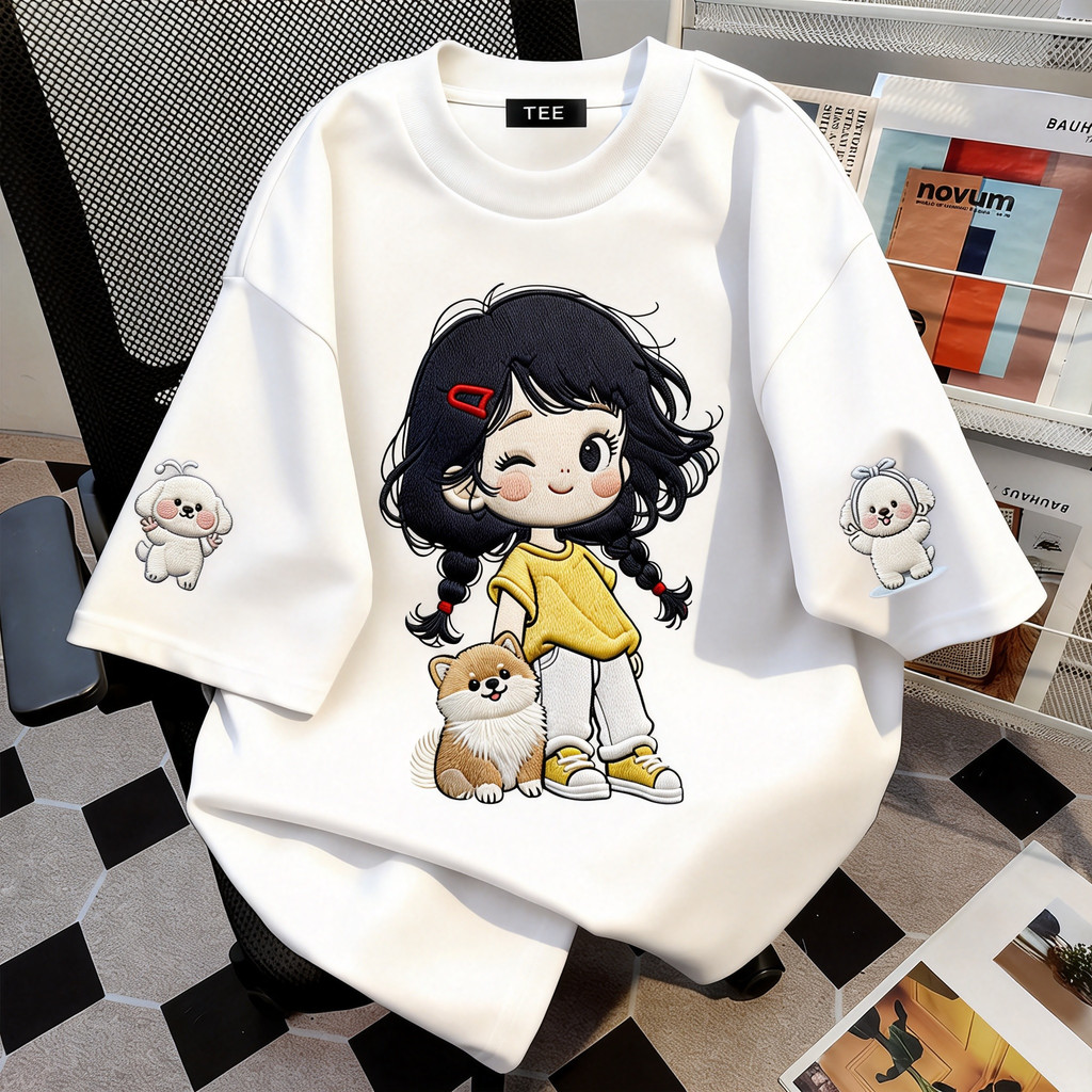 TEE·SHOP🍀เสื้อยืด oversize เสื้อเท่ๆ เกาหลี "GIRL AND DOG"เสื้อแฟชั่นใ เกาหลีสไตล์ พิมพ์ลาย ผ้านิ่มใส่สบาย   COD📦