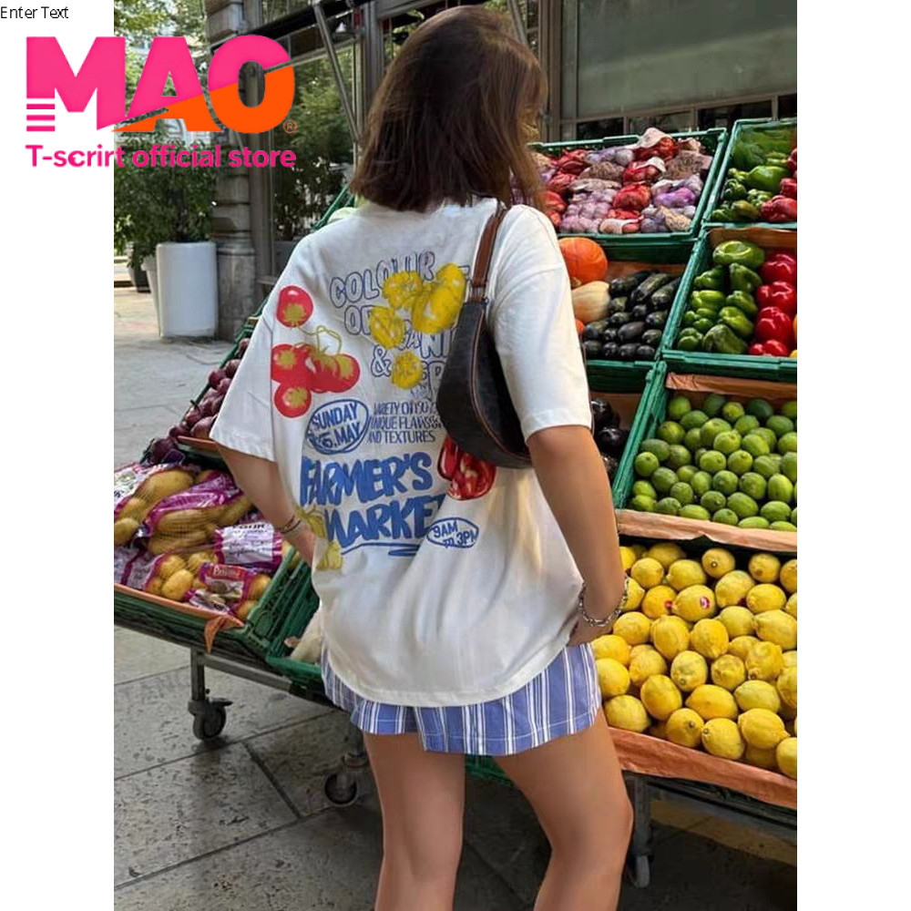 COD✅ (จัดส่งในกรุงเทพฯ) MAO Shop ดีไซน์ Niche วาดด้วยมือ doodle สนุกพิมพ์ผลไม้ Spice Girl เสื้อยืดแขนสั้นผู้หญิง