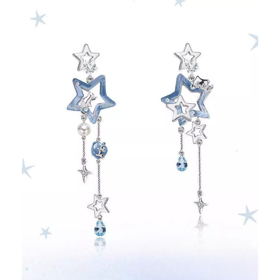 ต่างหูแมว Blue Star สไตล์หรูหรา แบบไม่เจียระไน พู่ Non-Pierced Ear Cuff