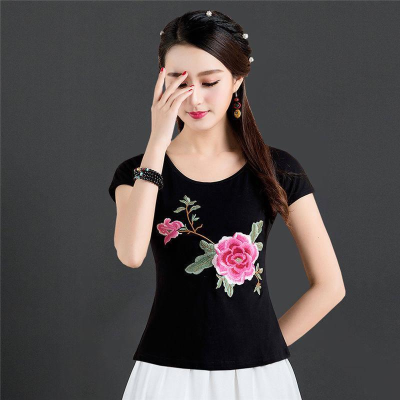 95棉夏季新款风女装 圆领 ดอกไม้短袖衬衫中国裙衫男女95ผ้าฝ้ายฤดูร้อนใหม่สไตล์ชาติพันธุ์ผู้หญิงรอบคอเย็บปักถักร้อยGHG