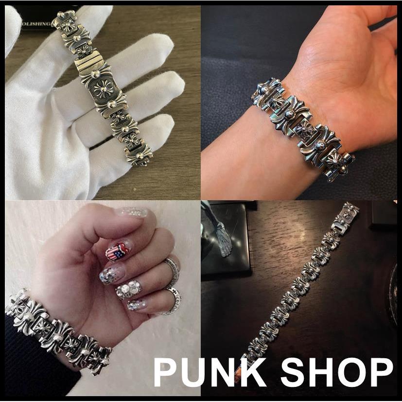 CH♥ สร้อยข้อมือสร้อยข้อมือ 925 เงินข้ามดอกไม้เกือกม้าพิมพ์สร้อยข้อมือหนาย้อนยุคพังก์ 0287