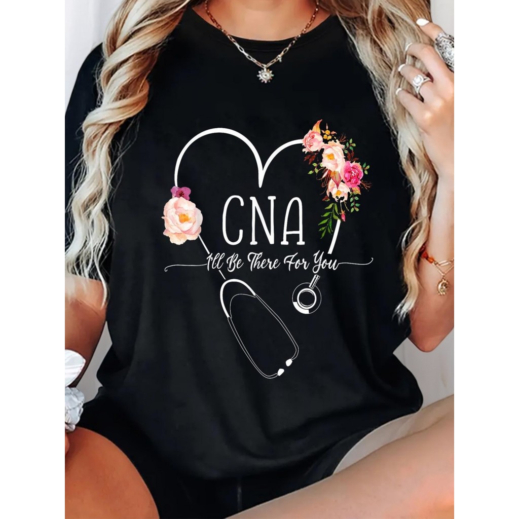 [Alphabet Graphic Tee] 1 ชิ้นตัวอักษรกราฟิก CNA เสื้อยืด - คอลูกเรือแขนสั้น Tee ยืดปานกลาง, Regular 