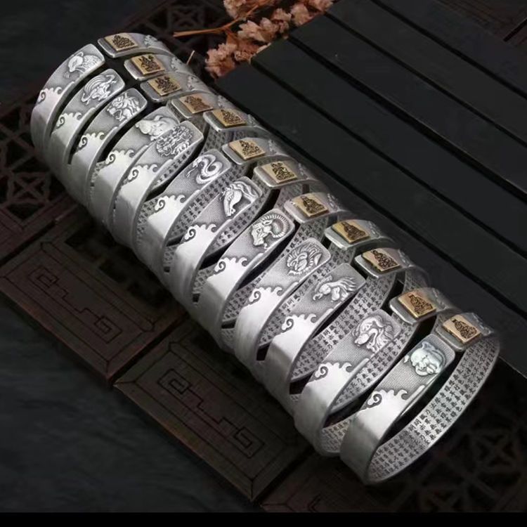 Hot Sale#[Twelve Zodiac Selection]999Silver Zodiac Bracelet Open Vintage Distressed Birth Buddha Eig