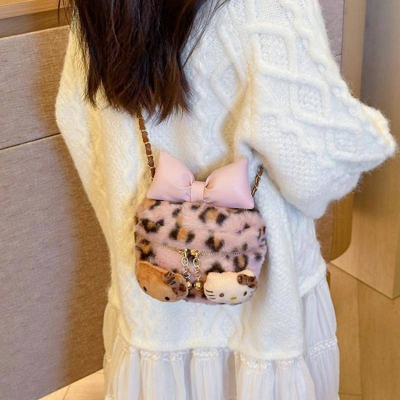 New Fluffy Leopard Cat Shoulder Bag Chic Hand Bag Little Girl Princess Bow Travel Coin Purse eIl4