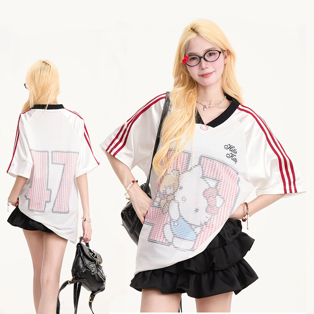 เสื้อยืดลําลองแขนแร็กแลนสําหรับผู้หญิง พิมพ์ลายหลวม แห้งเร็ว คอวี เหมาะสําหรับกลางแจ้ง