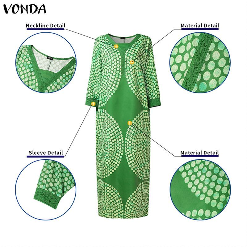 VONDA ชุดเดรสแม็กซีทรงหลวมสำหรับผู้หญิง สไตล์วินเทจพริ้นท์ดอต คอวีแขนยาว — صورة 7