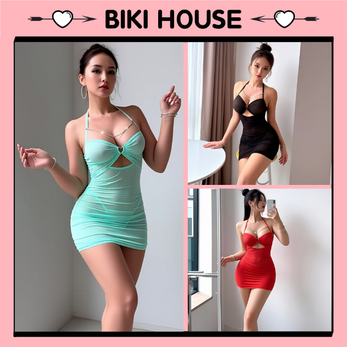 ชุดเดรส บอดี้คอน คล้องคอลูกไม้พร้อมชิปสําหรับหุ่นเย้ายวน ชุดนอนทรงเข้ารูปเซ็กซี่และสง่างาม BIKI HOUS