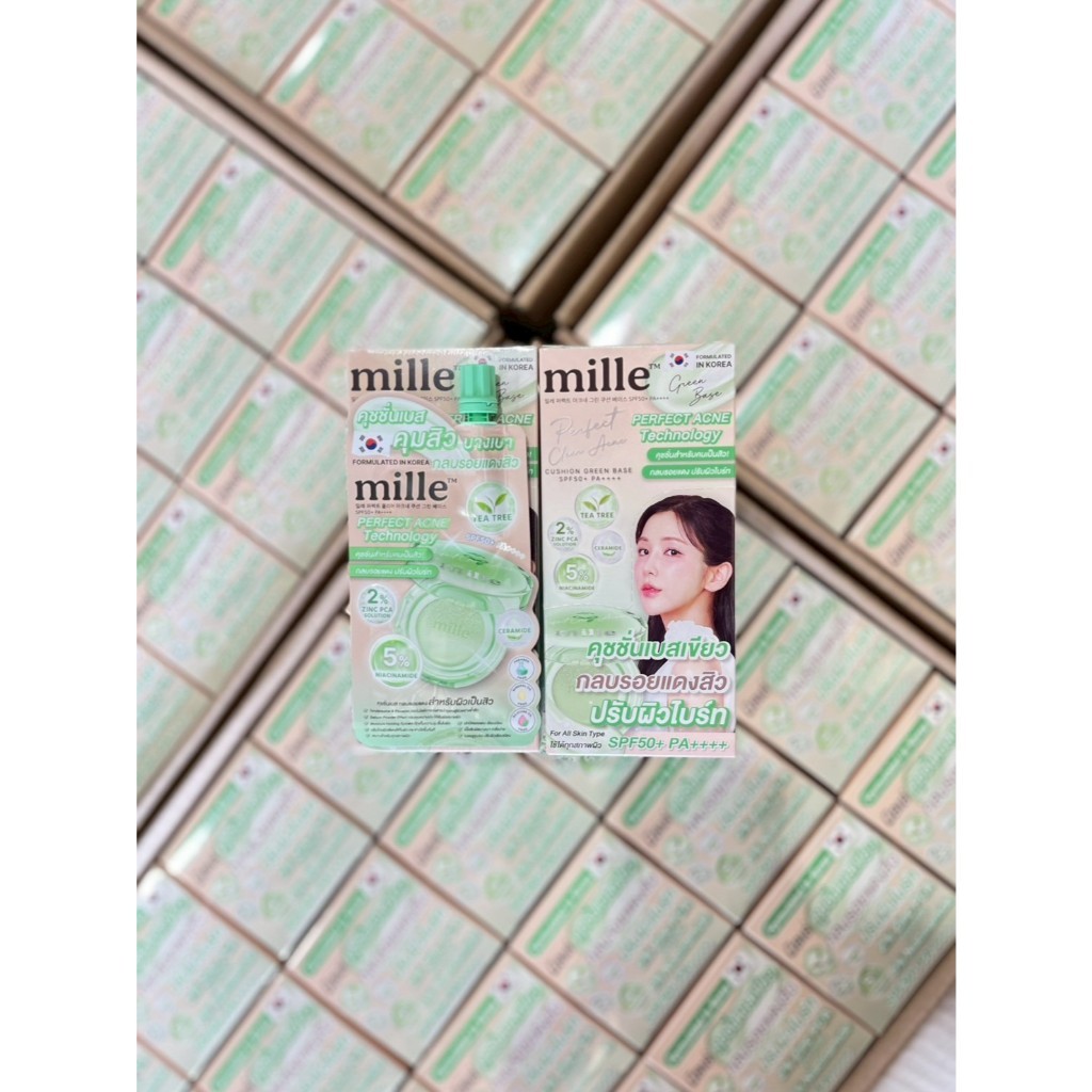 🔥แท้/ดีลสุดคุ้ม/ไลฟ์ทุกวัน🔥(กล่องx6ซอง) MILLE PERFECT CLEAR ACNE CUSHION GREEN BASE SPF 50+ PA+++  6 g. #คุชชั่นเบสเขียว - รูปที่ 2