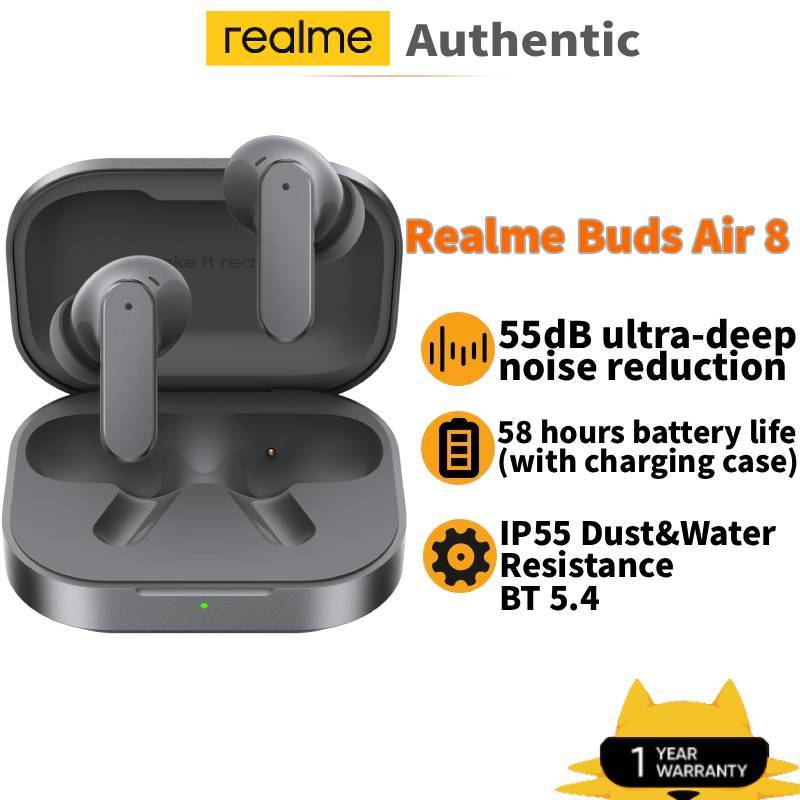 Realme Buds Air 8 TWS หูฟัง 55dB Ultra ความลึกตัดเสียงรบกวน 58 ชั่วโมงแบตเตอรี่ 12 + 6 มม.เบส Premier Dual ไดรเวอร์ LHDC IP55 หูฟังบลูทูธ