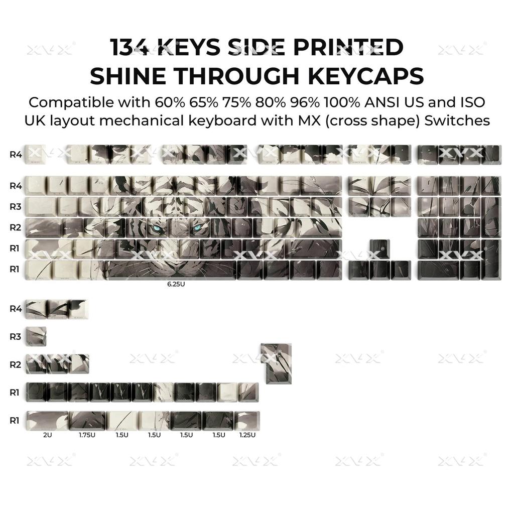 XVX White Tiger Theme Keycaps โปรไฟล์เชอร์รี่ Dye sub Shine ผ่าน PBT Keycap 134-Keys