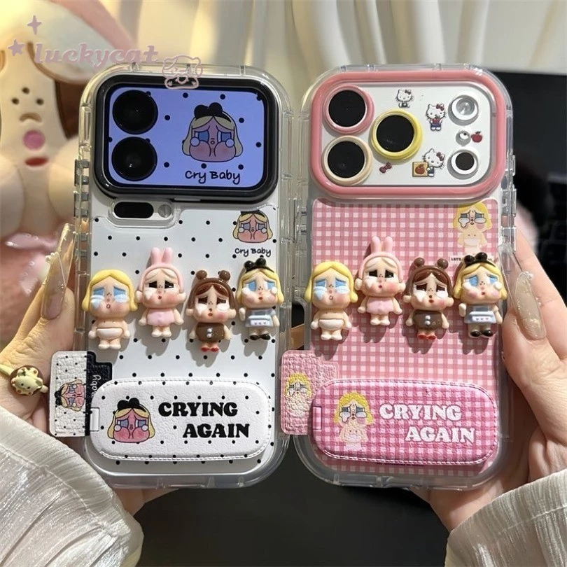 3D DIY เด็กสีชมพู Gird จุดสีดํารูปแบบเคสโทรศัพท์ + กระจกหนังสําหรับ iPhone 16 15 14 13 12 11 Pro Max X Xr Xs Max 7 8 Plus SE2020