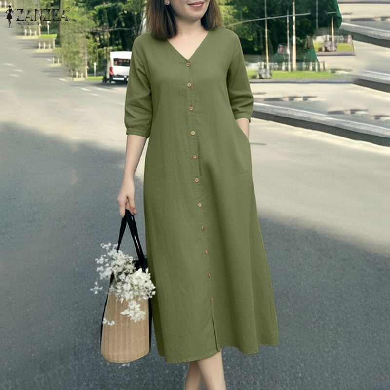 ZANZEA กระโปรง midi a-line สไตล์เกาหลี คอวีแขนยาว 3/4 เหมาะสำหรับใส่ทำงานหรือลำลอง — صورة 5