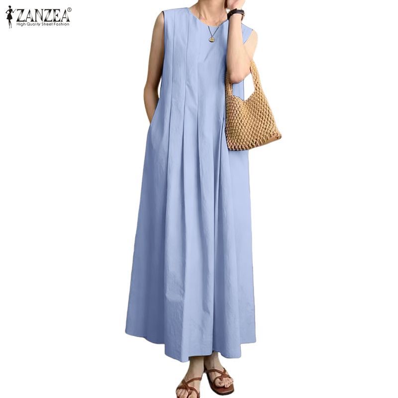 ZANZEA สุภาพสตรี maxi sundress สไตล์เกาหลี ดีไซน์เชิญชวน อ่อนโยน กะทัดรัดแบบข้างบนหลวม